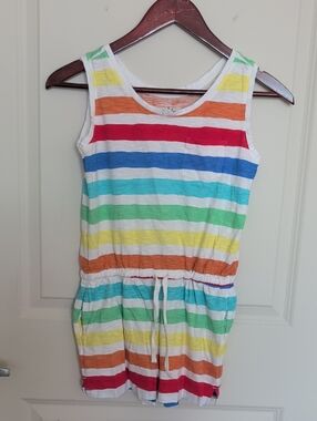 Primary Multicolor Striped Tank Romper - White Base with Rainbow Stripes